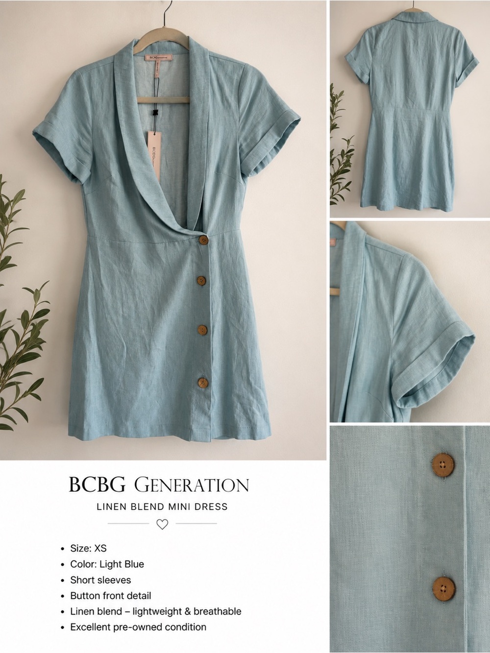BCBGeneration Blue Mist Linen Mini Dress Size 0 (XS) NWT